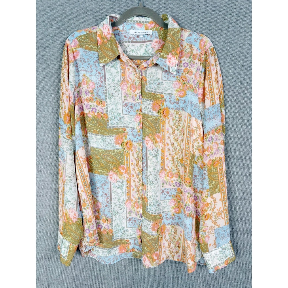 Rose Olive Top Womens Extra Large Blue Orange Floral Button Up Sheer Patchwork